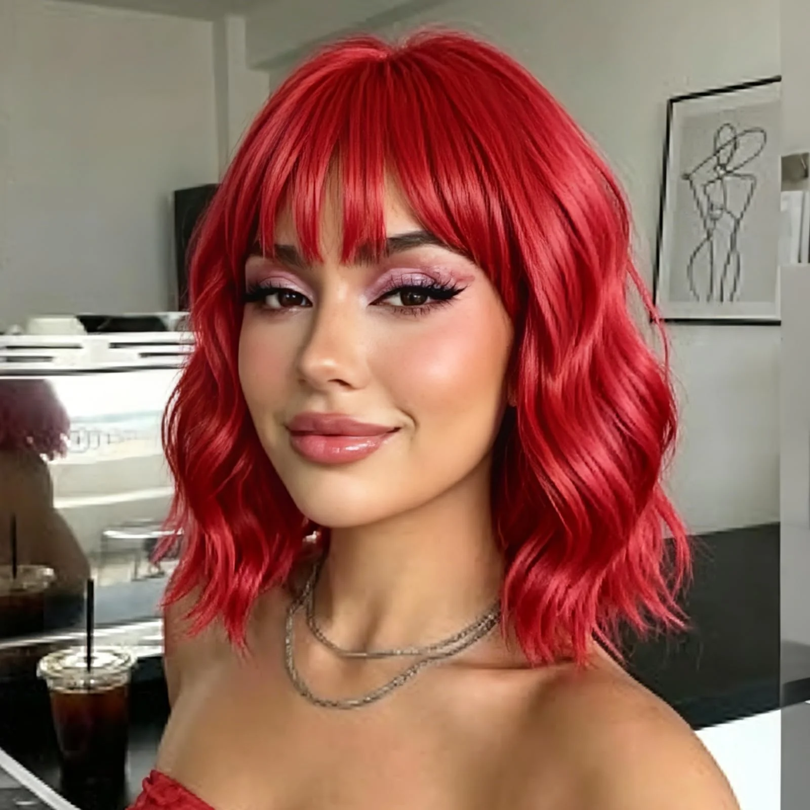 Peluca Bob Corta Ondulada Roja Sintética con Flequillo para Mujer
