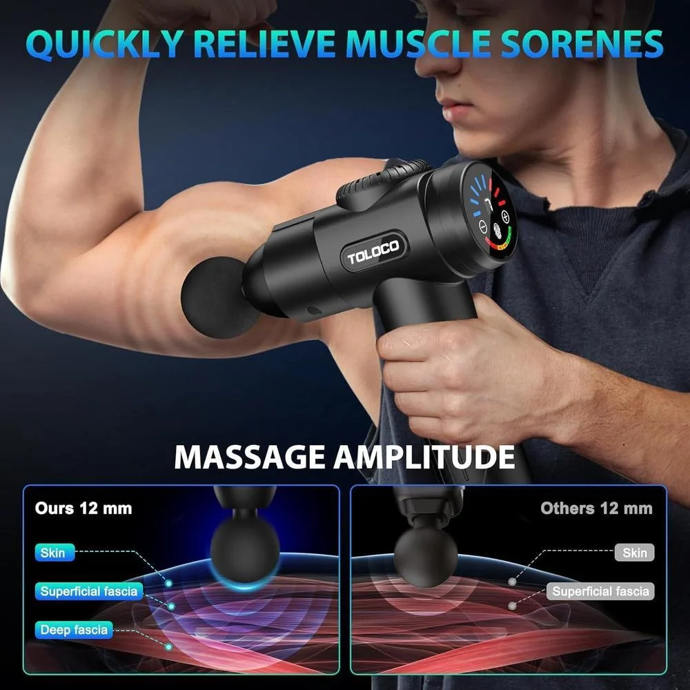 Pistola de masajes Toloco T11 Pro para tejido muscular profundo con motor silencioso y cabezales intercambiables