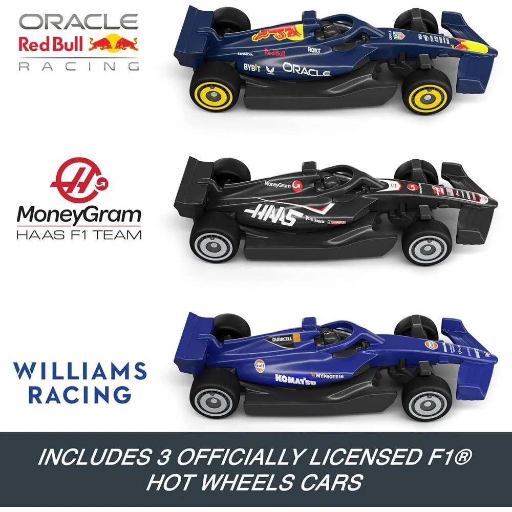Circuito Hot Wheels Fórmula 1 Grand Prix con 3 Coches a Escala 1:64 y Booster Motorizado