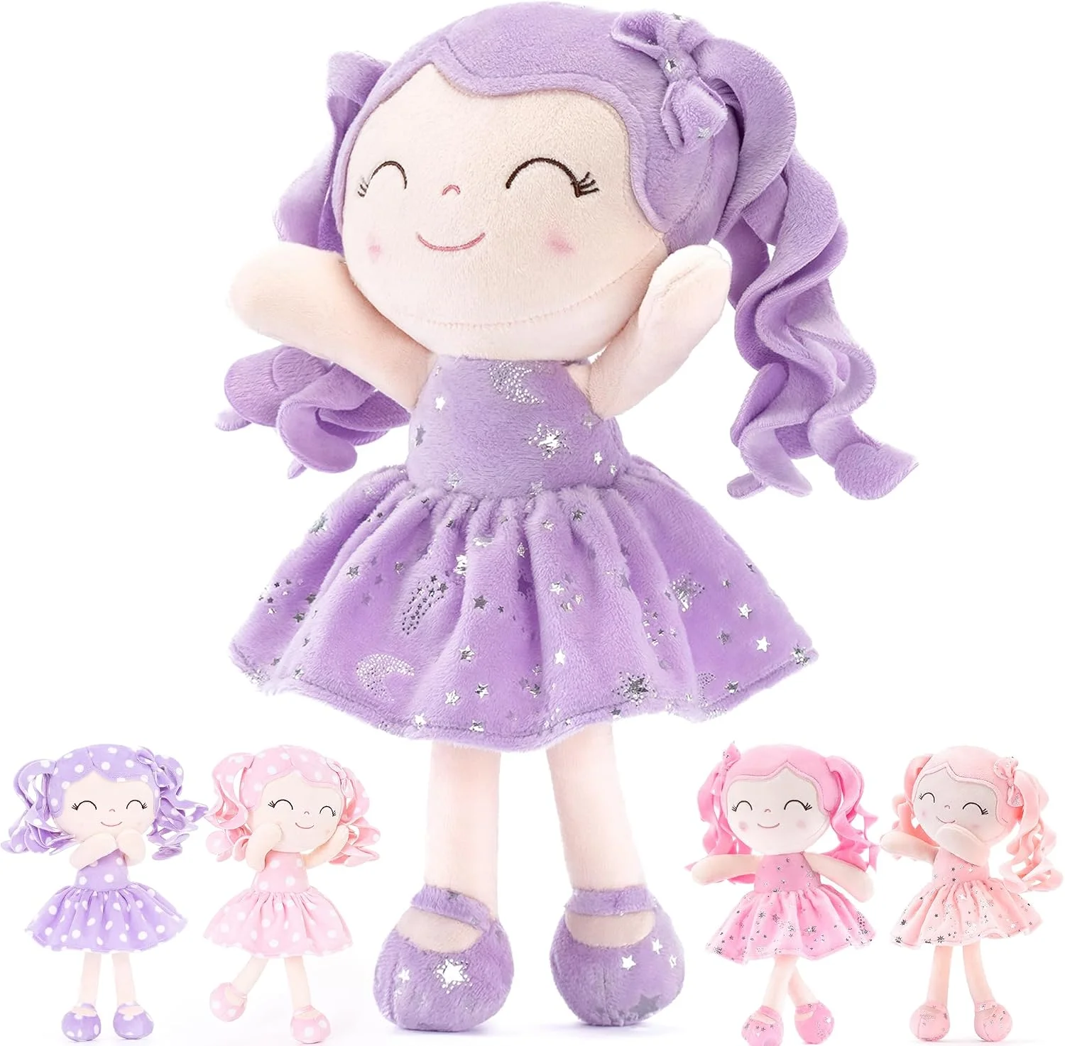 Gloveleya Doll First Baby Doll Plush Baby Doll Baby Dolls Soft Doll Baby Girl Gifts Curly Hair Purple Dress 12inches