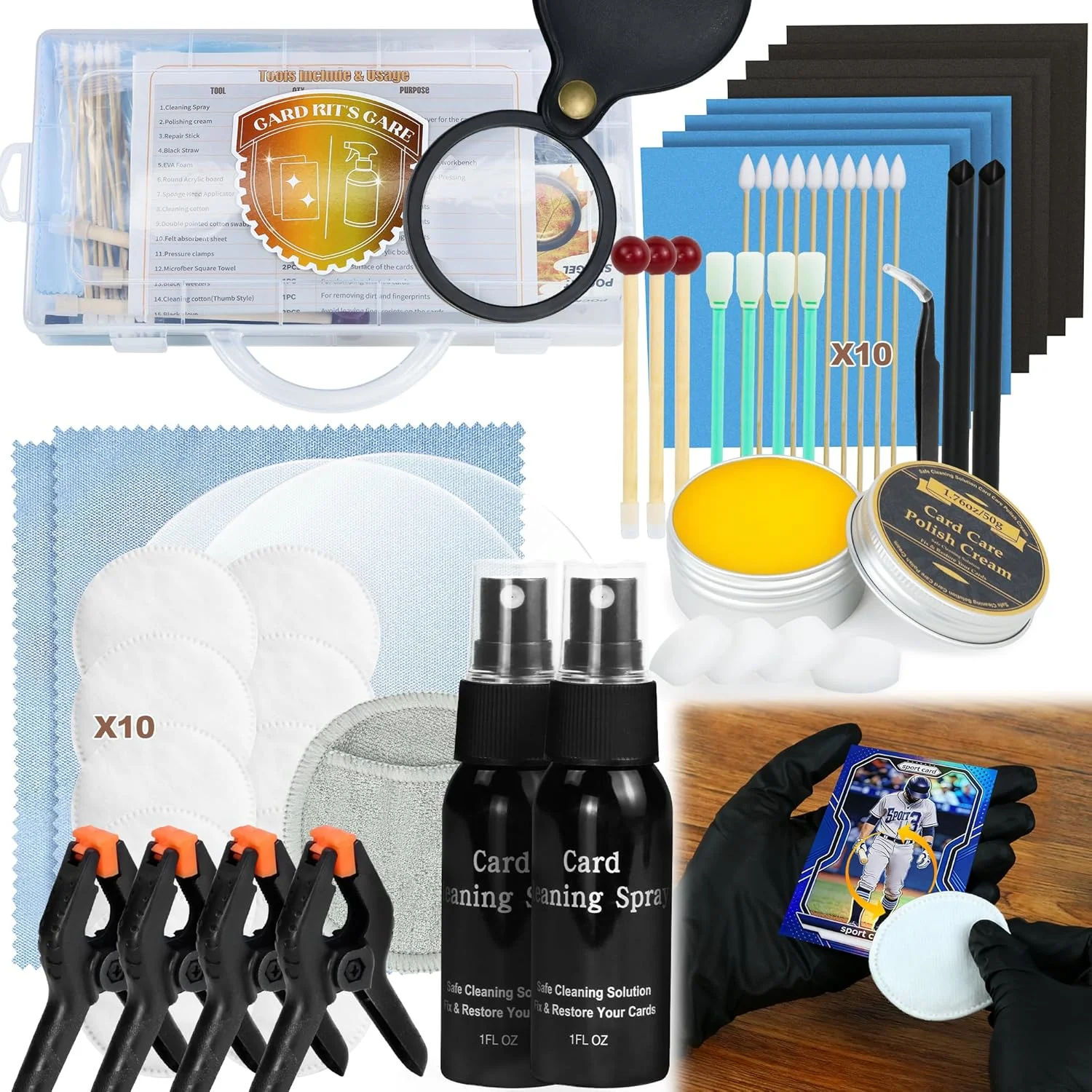 17-in-1 Card Cleaning Kit, Card Care Polishing Restoration with Plastic Case, Trading Card Cleaning with Polishing Cream and Cleaning Spray, Suitable for PSA Rated Card Care & Flatten Edges (12.1")