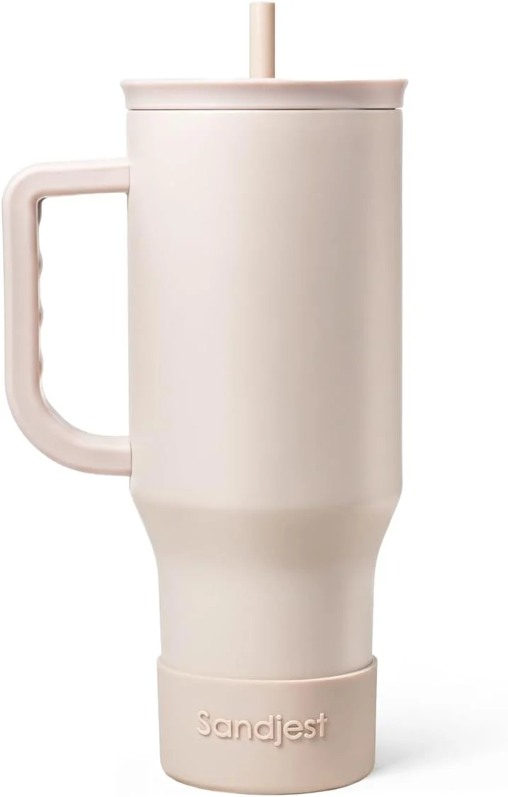 Vaso térmico Sandjest 40oz con asa y pajilla, acero inoxidable aislante color marrón