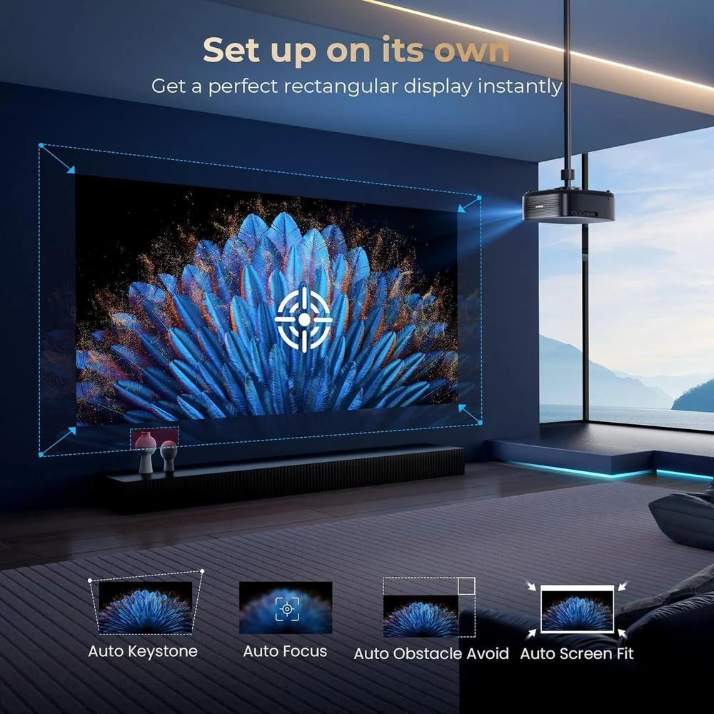 Proyector Alvar con WiFi 6, Bluetooth, sonido dbx-tv y aplicaciones integradas como Netflix, ideal para cine en casa o exterior