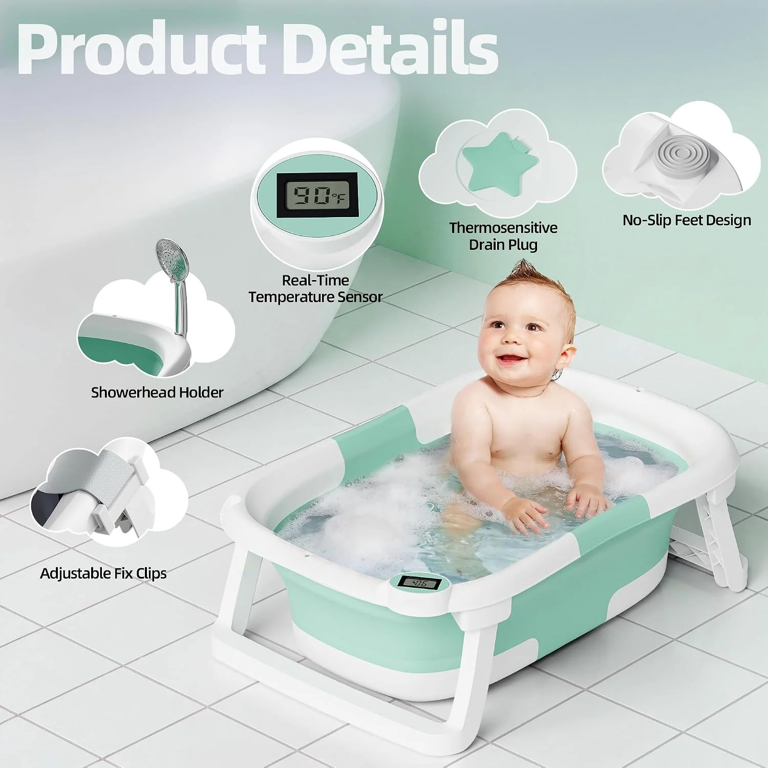 iBabyMax Bañera Plegable para Bebé con Termómetro 0 a 36 Meses Turquesa