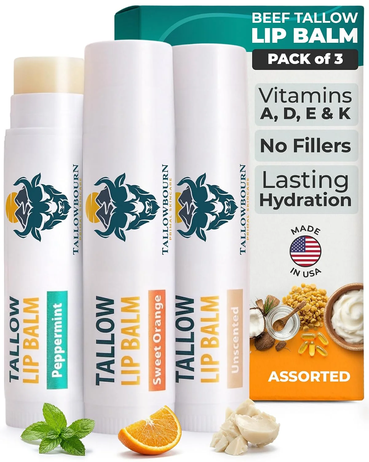 Bálsamo Labial Hidratante Tallowbourn Sebo de Res Alimentado con Pasto Pack 3