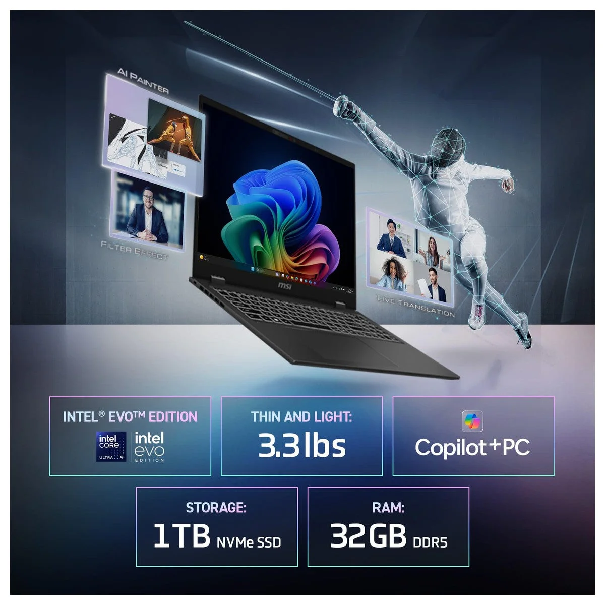 Msi Prestige 16 Ai+ Evo 16" Uhd+ Oled Laptop Intel Core Ultra 7 Intel Arc 16gb Ddr5 1tb Nvm Ssd Hdmi Wi-Fi 7 Win 11 Home