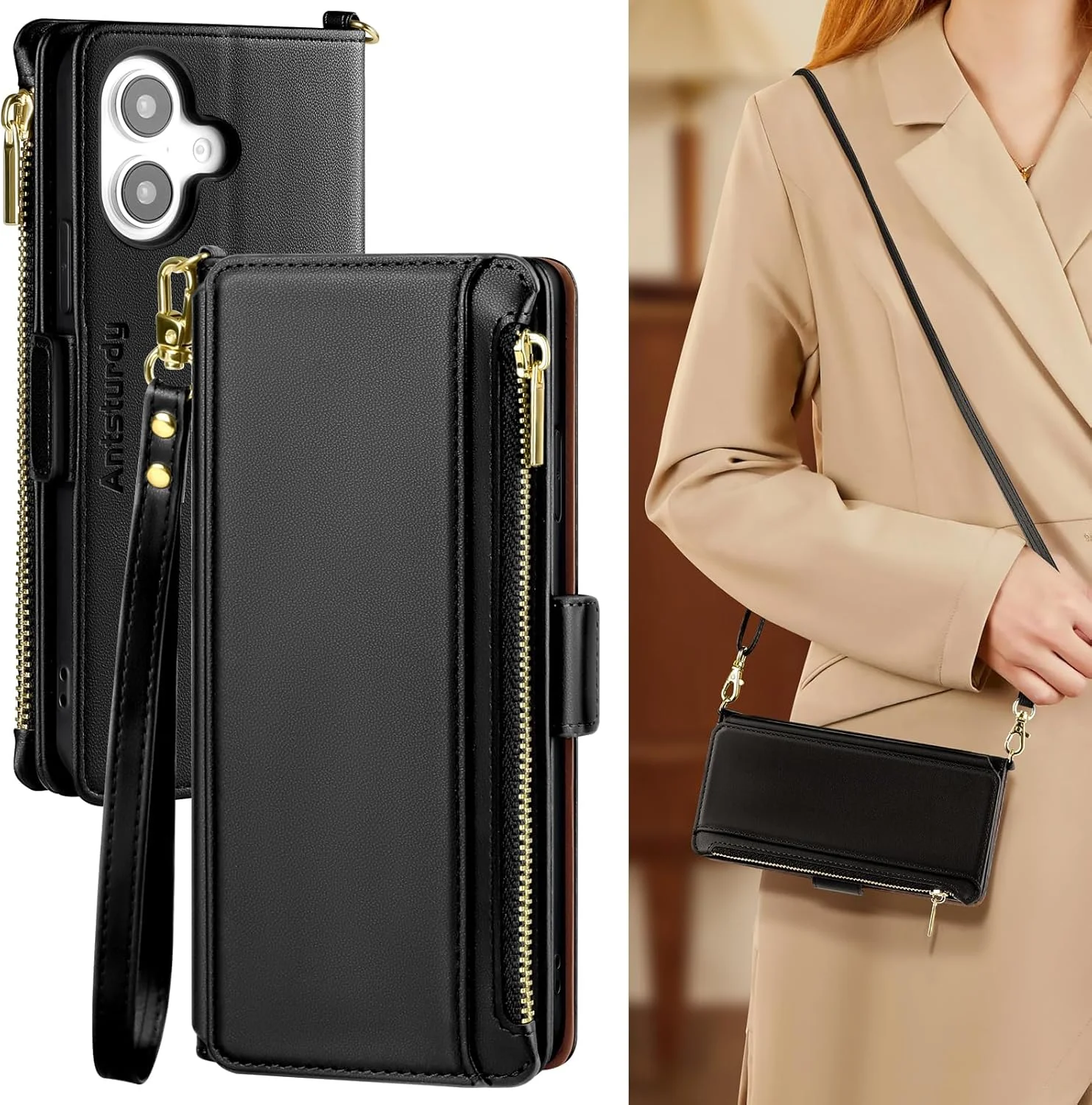 Funda cartera Antsturdy para iPhone 16 con correa cruzada negro