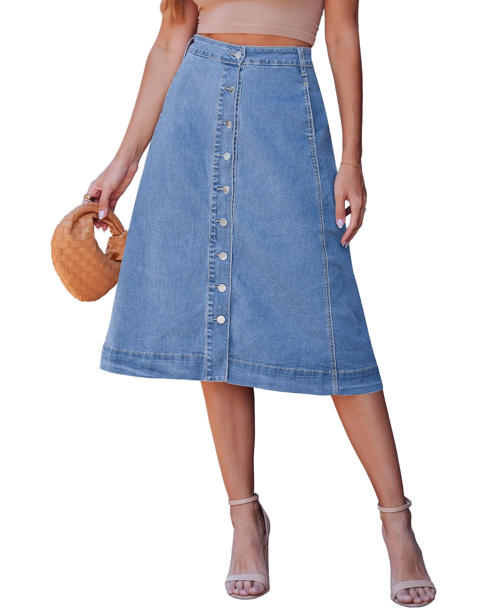 Falda de jean luvamia midi A-line con botones y bolsillos