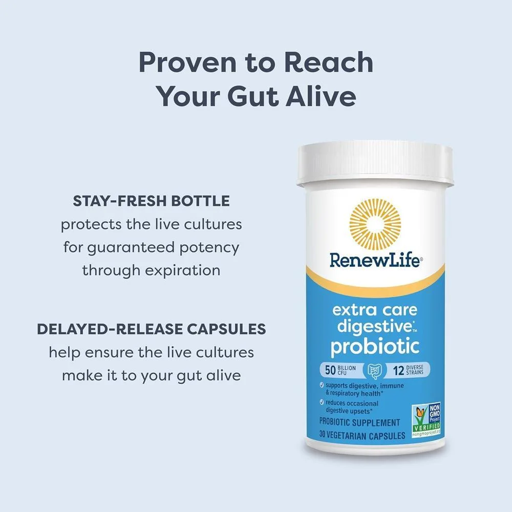 Renew Life Cápsulas Probióticas Digestivas Cuidado Extra 50 Mil Millones CFU, Soporte Salud Inmune, Digestiva y Respiratoria