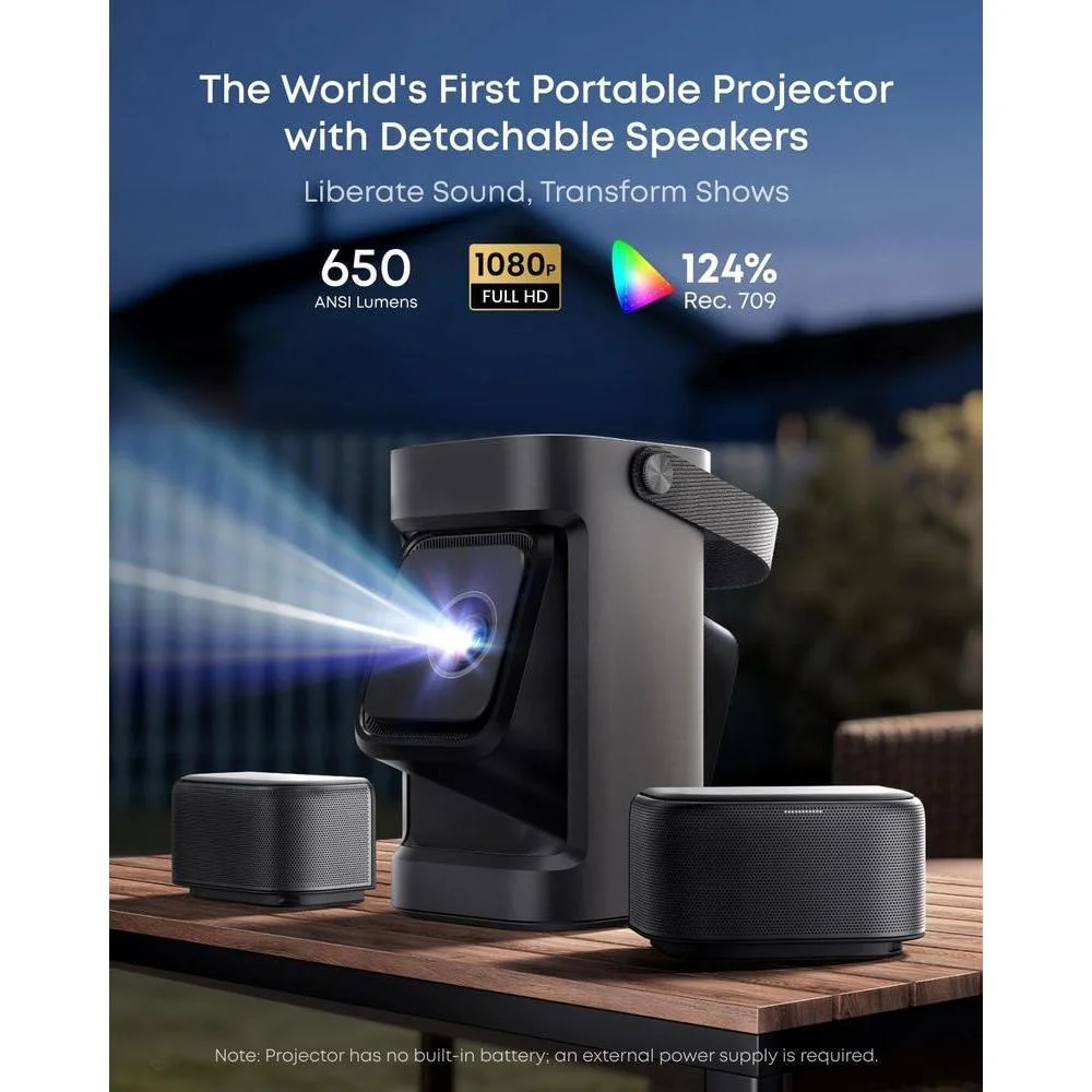 Soundcore Nebula P1, proyector portátil con 650 lúmenes ANSI, sonido envolvente 2.0, altavoces desmontables, Google TV y pantalla hasta 180