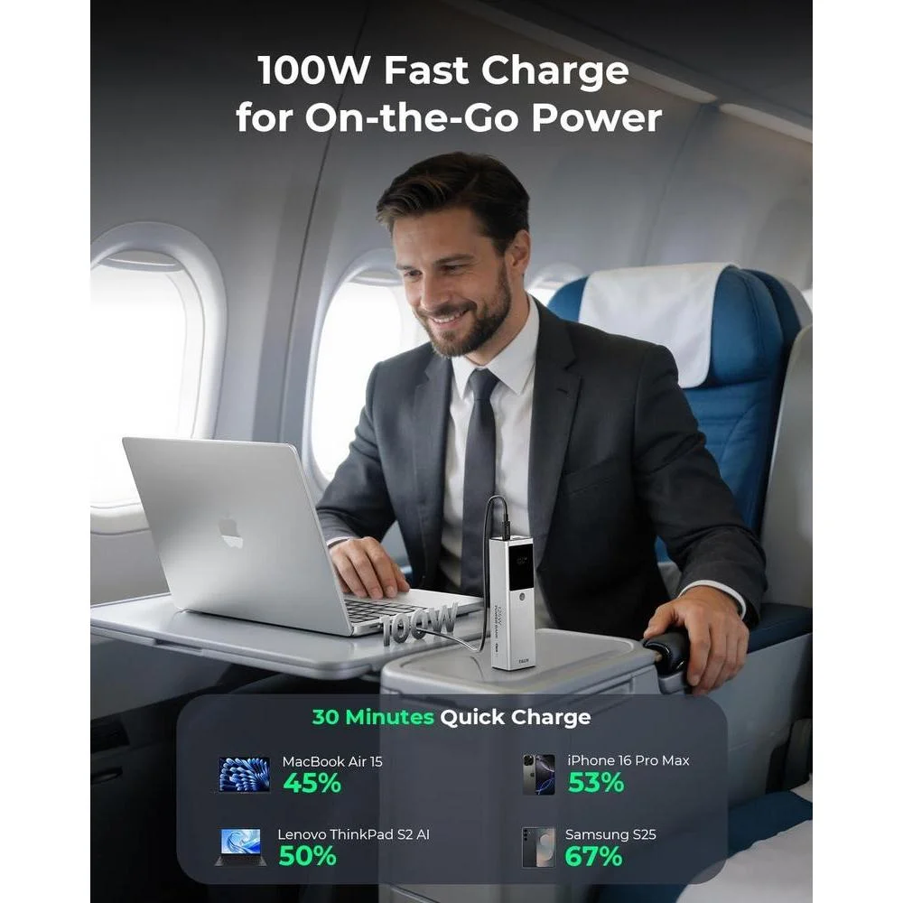 TALIX batería carga rápida 125W, 12800 mAh para laptops, cable retráctil USB-C, cargador PD para MacBook y más