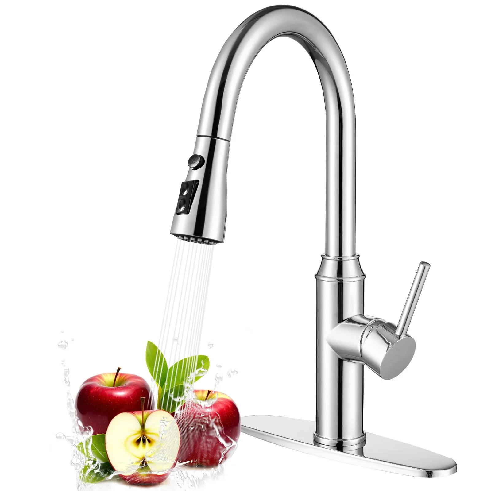 Arofa Polished Chrome Kitchen Faucet with Pull Down Sprayer and Deck Plate