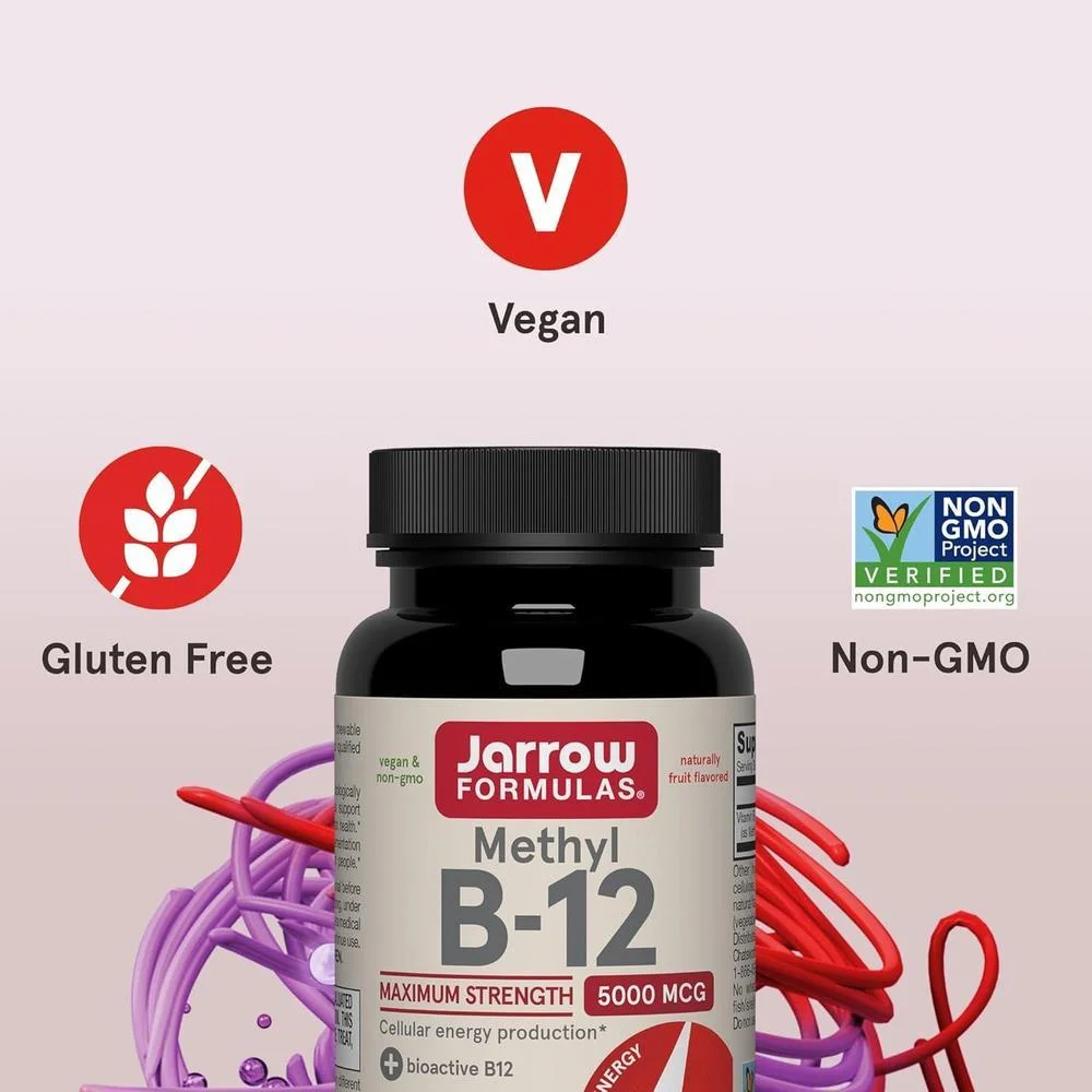 Jarrow Formulas Vitamina B12 Masticable Metilcobalamina 5000 mcg - Sabor Natural a Fruta, Energía y Metabolismo