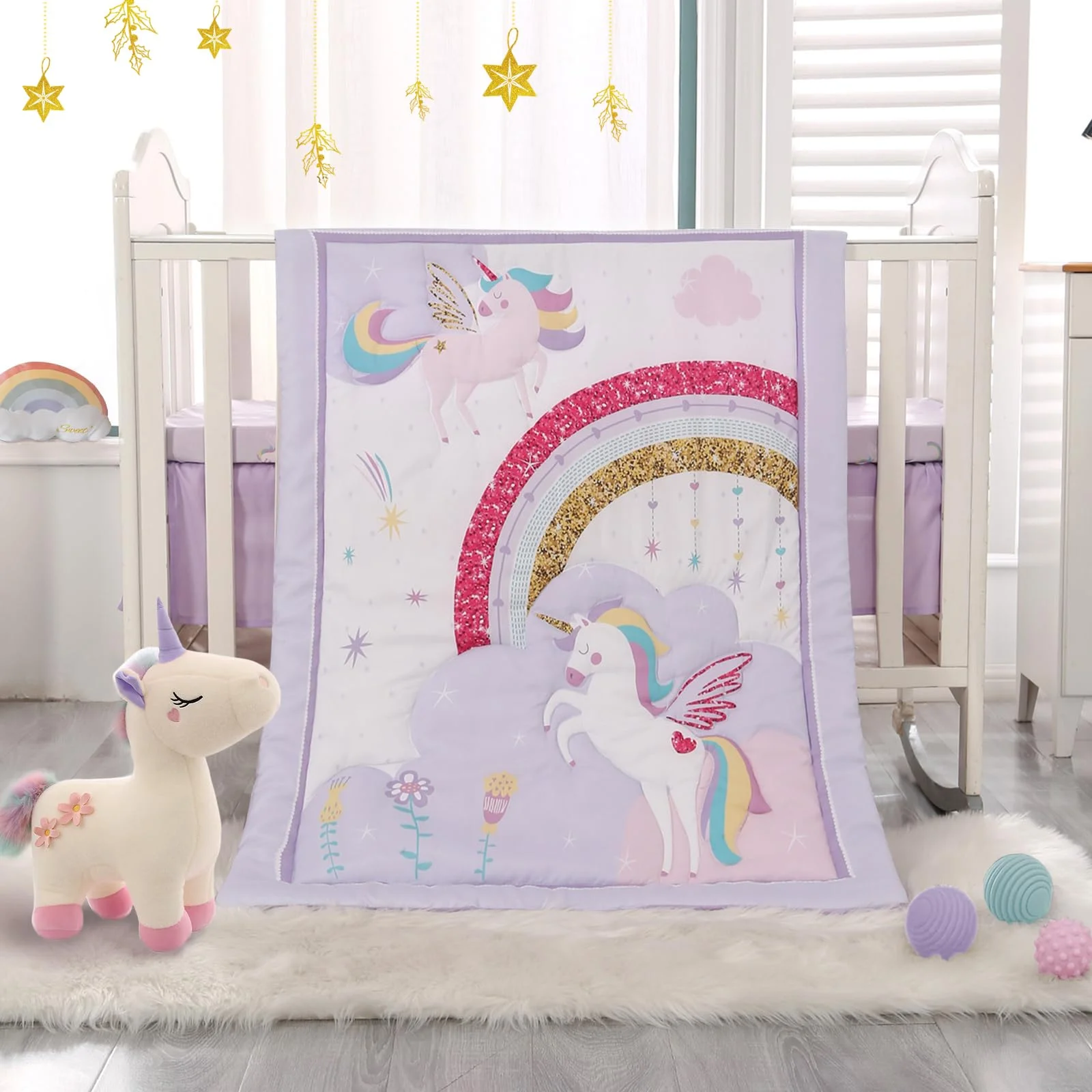 Set de cama para cuna Wowelife unicornio 3 piezas púrpura