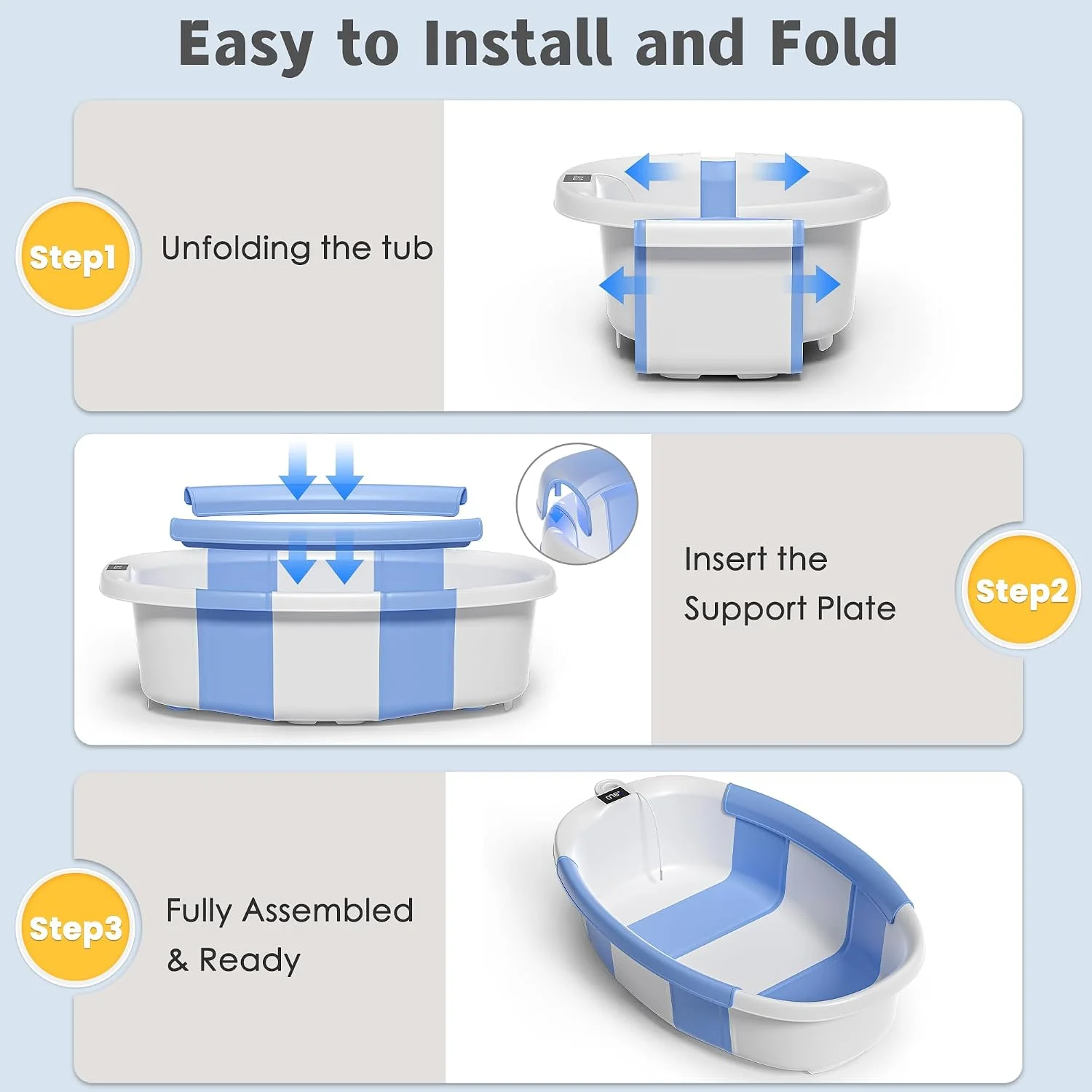 Himold Bañera Plegable Amplia para Bebé con Termómetro y Cojín Azul