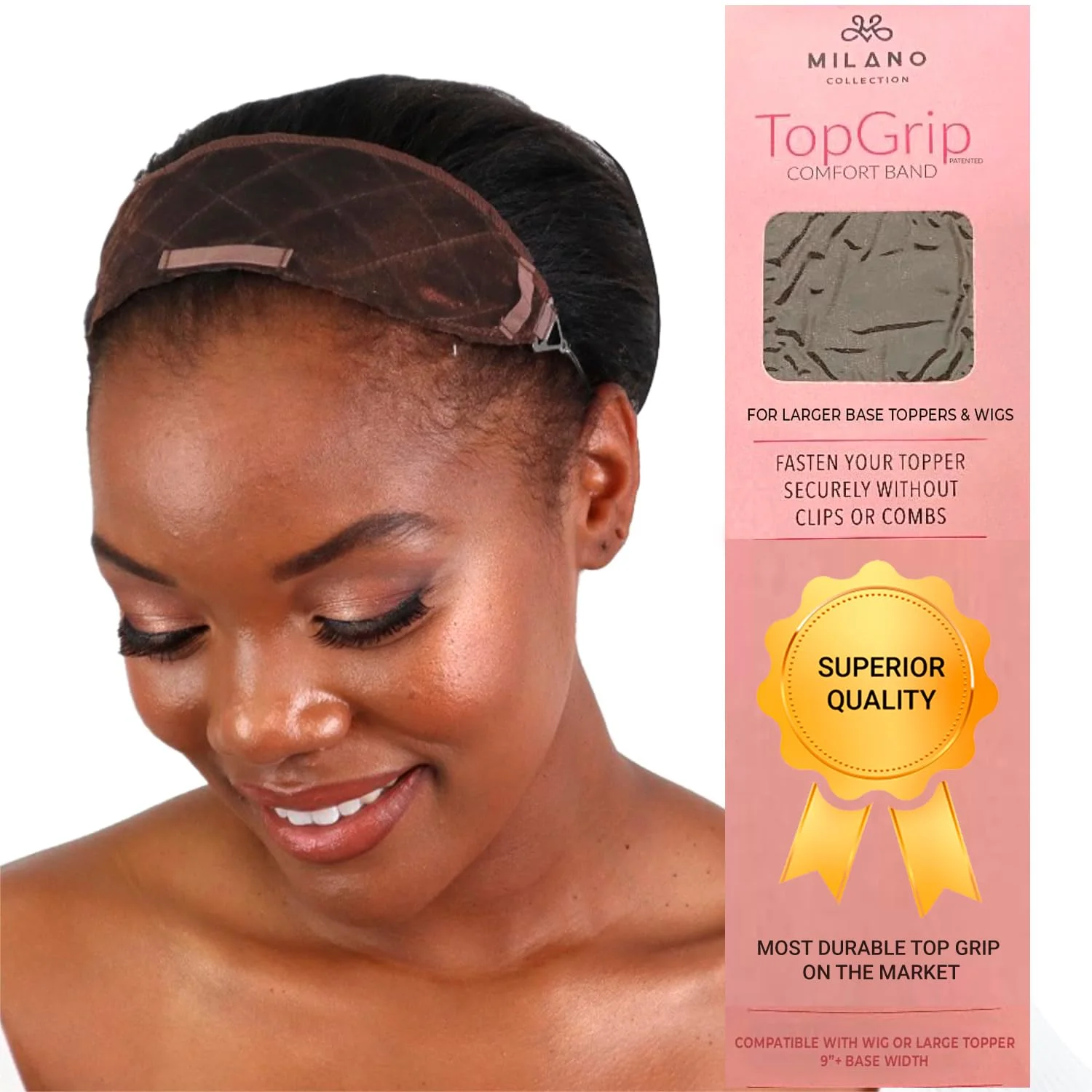 MILANO COLLECTION Glueless Top Grip for Hair Topper & Wiglets, Adjustable Translucent Strap with Side Openings, Top Headband for Your Wig or Topper, Includes Clips, Brown, Large