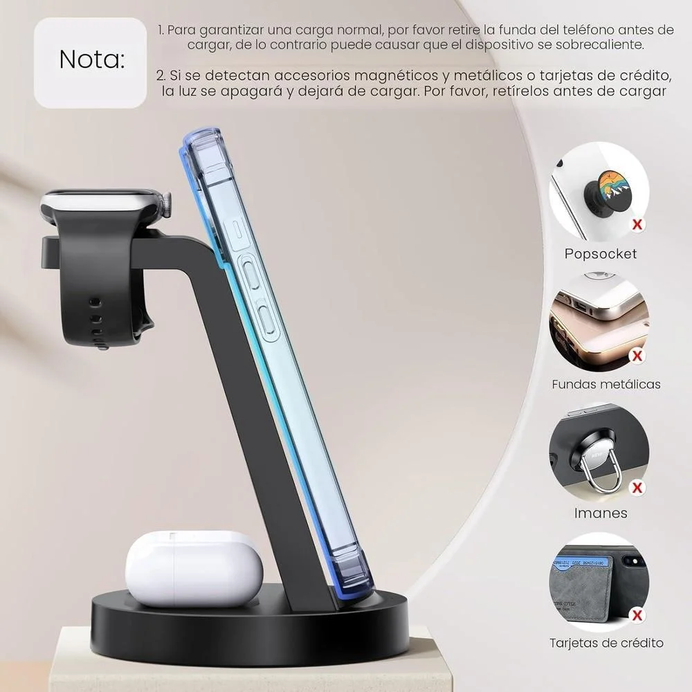 Estación de carga 3 en 1 para iPhone y Apple Watch con cargador inalámbrico, compatible con AirPods