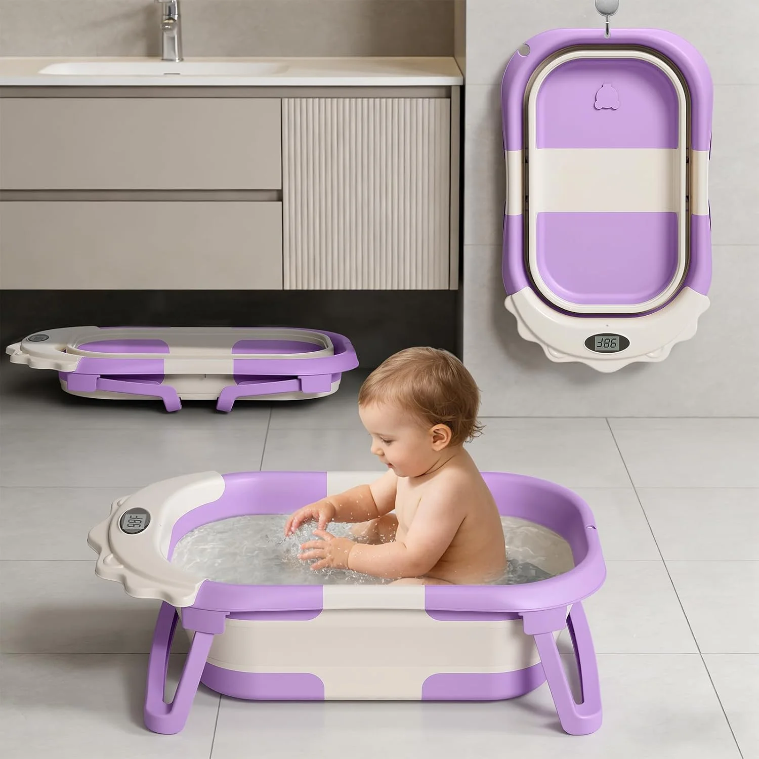 TPN Little Lion Bañera Plegable con Monitor de Temperatura y Cojín Lavanda