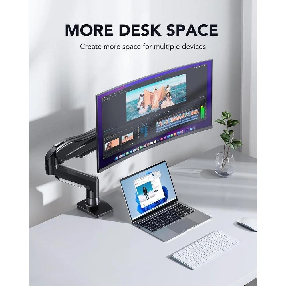 HUANUO Soporte para monitor individual, brazo ajustable para monitores 13 a 32, compatible con VESA, base de abrazadera y ojal