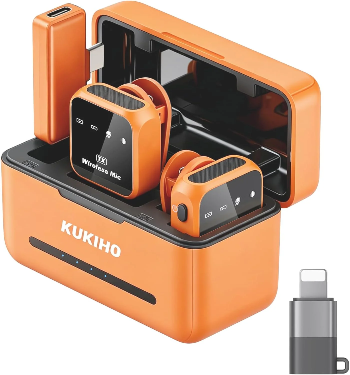 KUKIHO Wireless Lavalier Microphone for iPhone iPad Android with Charging Case 80h Battery Life, Noise Cancellation, 164ft Range Plug-Play Clip On Lapel Mic for YouTube, Video Recording, Vlog (Orange