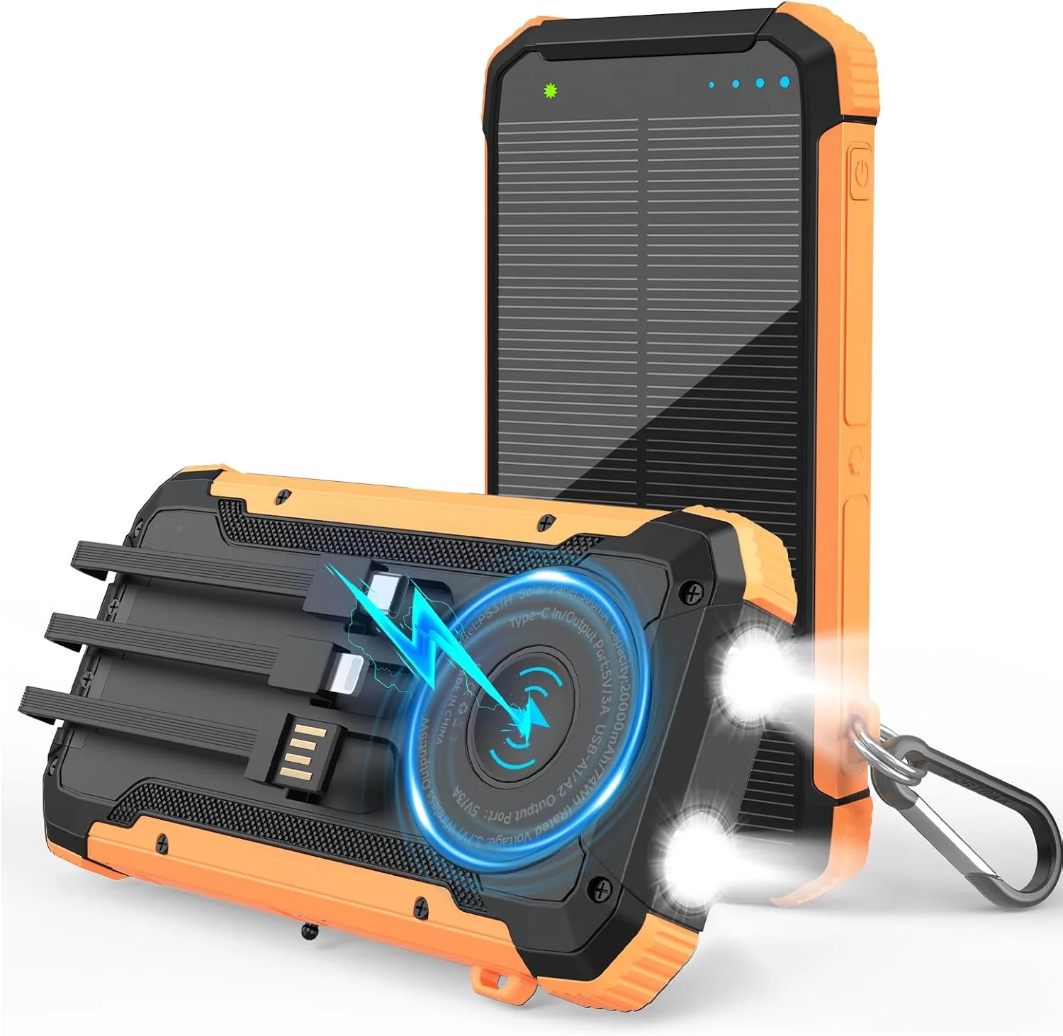 Batería externa solar Luvknit 20000mAh con 3 cables integrados y carga inalámbrica