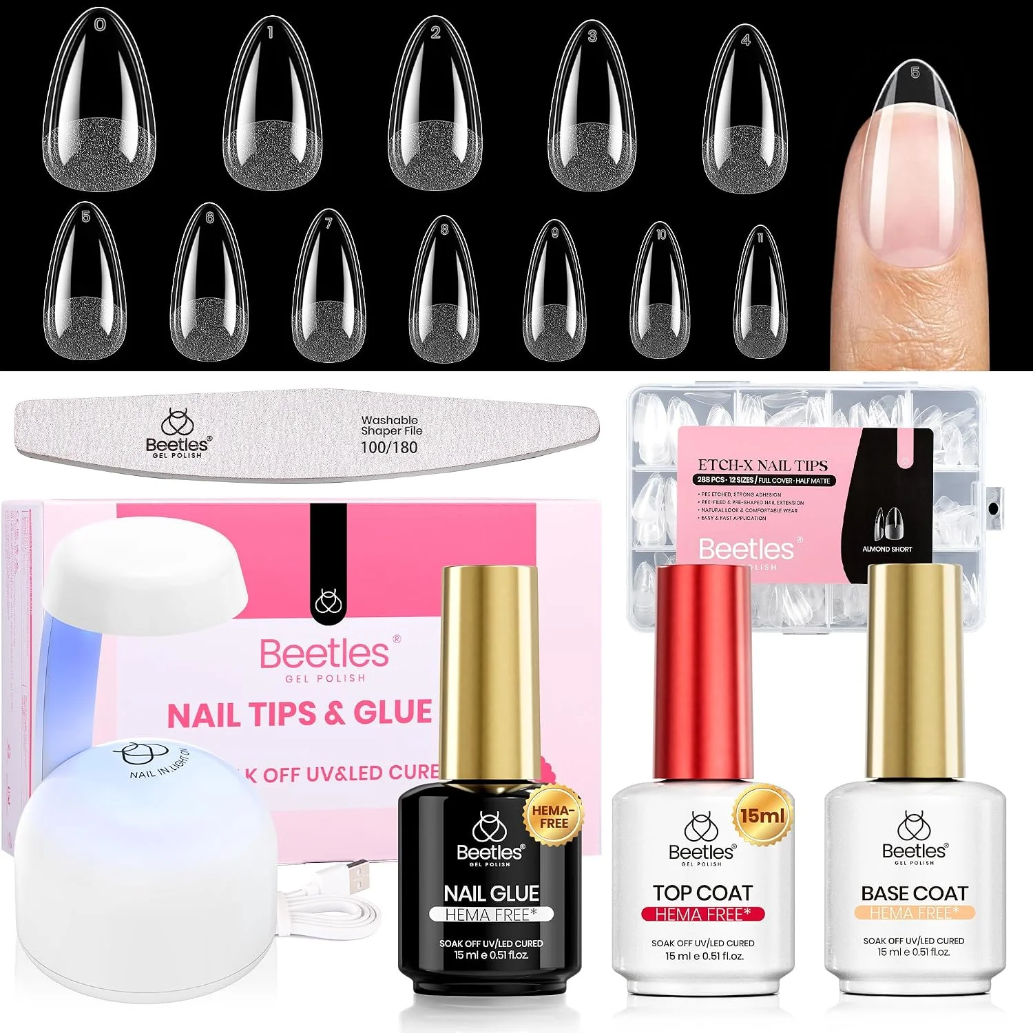Uñas postizas Beetles Gel Polish Etch-X almendra corta 288 piezas 12 tamaños