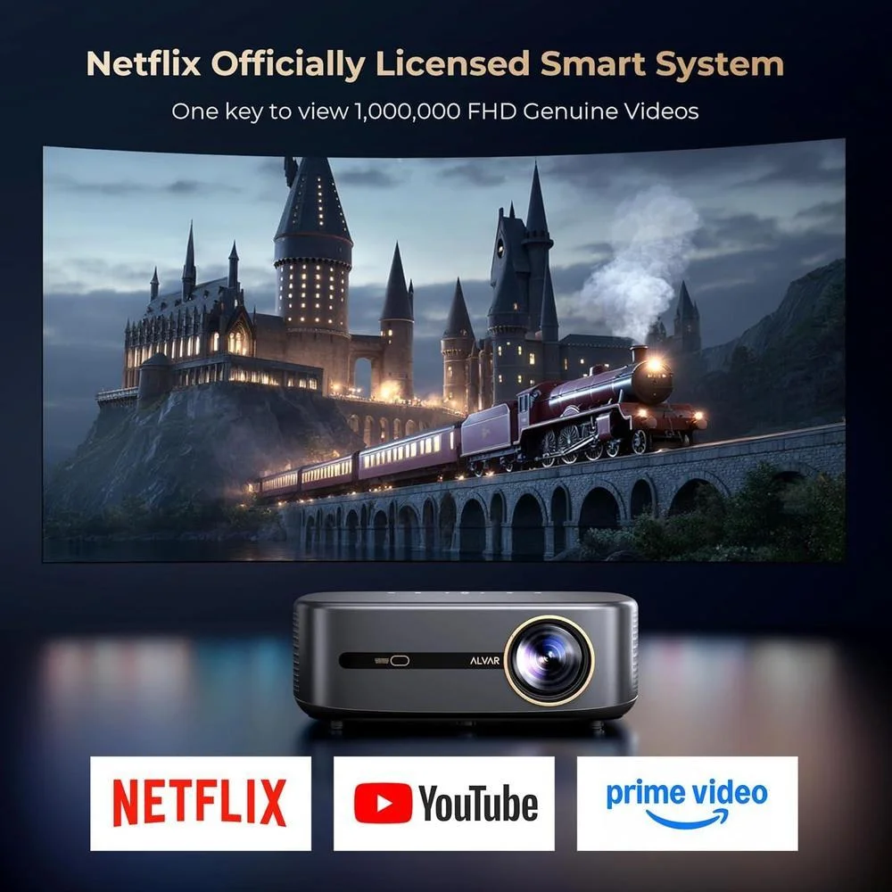 Proyector Alvar con WiFi 6, Bluetooth, sonido dbx-tv y aplicaciones integradas como Netflix, ideal para cine en casa o exterior