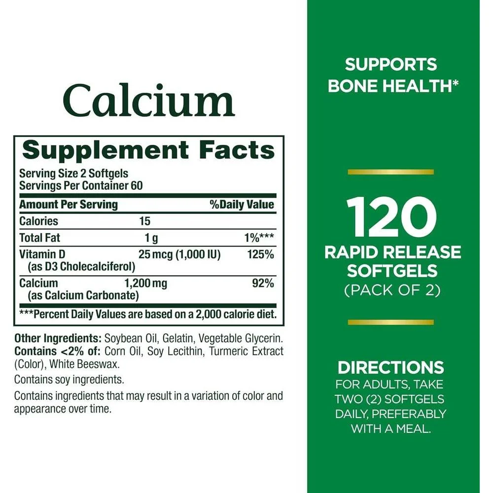 Nature's Bounty Calcio con Vitamina D3 para Salud Ósea, Suplemento de Calcio y Vitamina D, 120 Cápsulas Blandas (2 Paquetes)