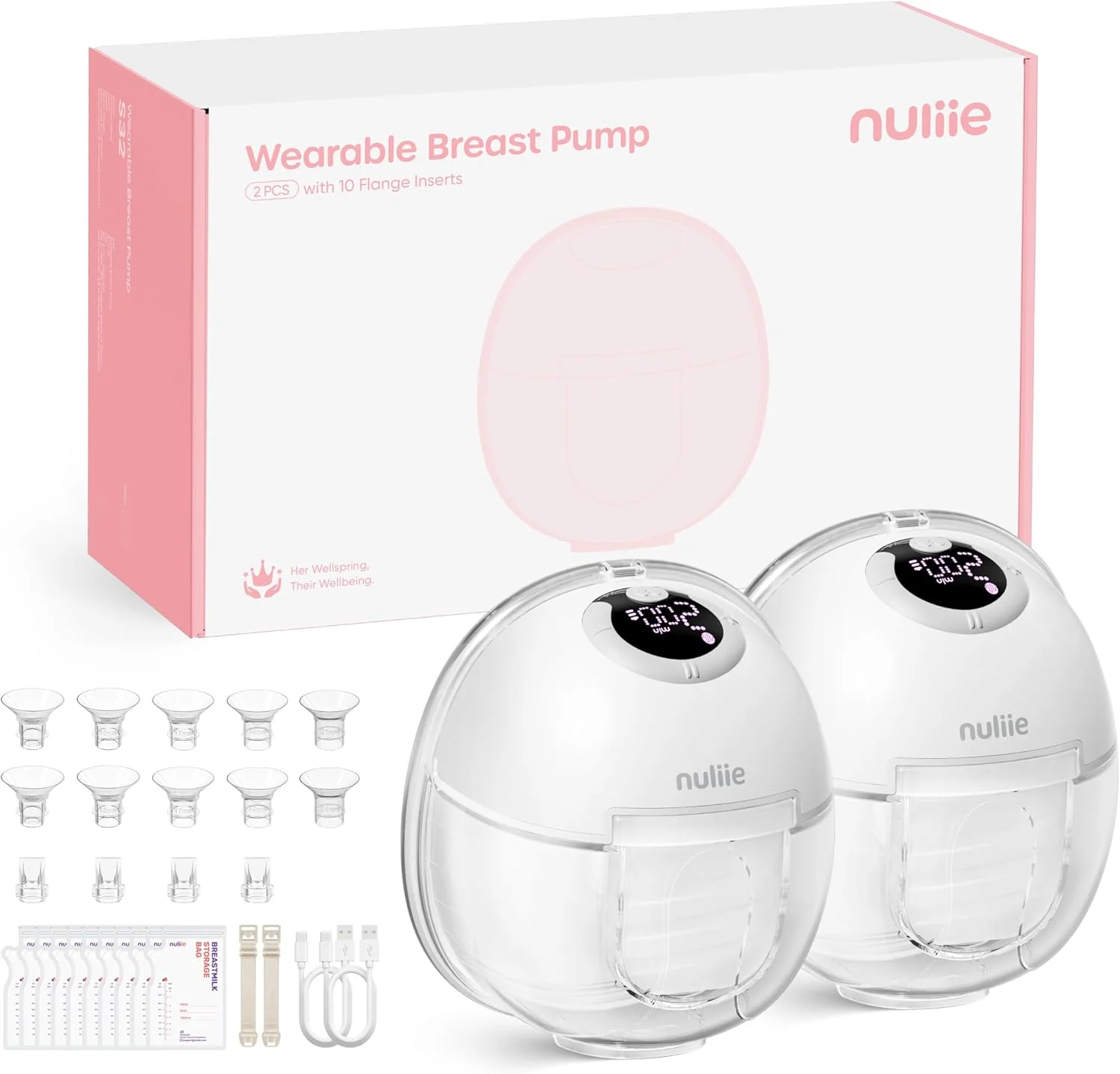 Nuliie S32 Wearable Breast Pump Hands-Free, More Private Electric Pump, 4 Modes 9 Suction Levels, 24mm Flange with 13/15/17/19/21mm Inserts, Easy Clean & Anti-Leak Design (2 Packs, White)