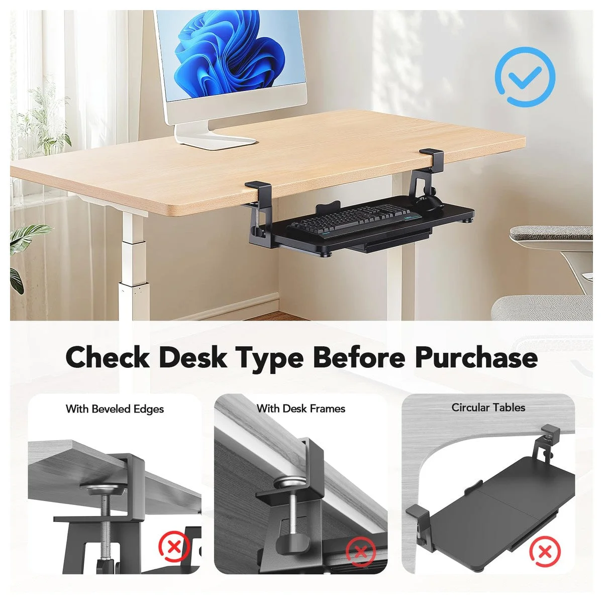 Bandeja para teclado debajo del escritorio HUANUO con soporte resistente de abrazadera en C, plataforma deslizante y cajón de almacenamiento