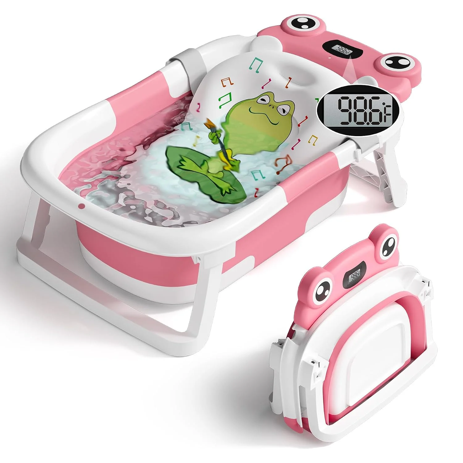 BUNWAG Bañera Plegable para Bebé con Termómetro y Cojín Rosa