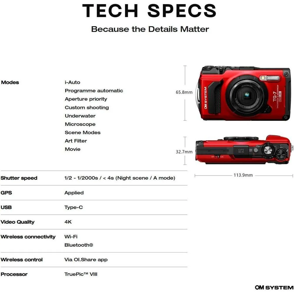 OM System OLYMPUS Tough TG-7 Cámara Subacuática Roja, Impermeable, Alta Resolución y Brillo, Video 4K, Disparo Macro