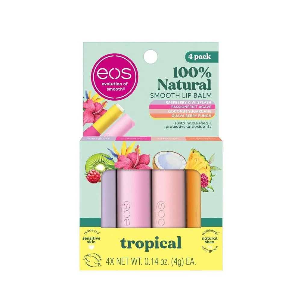 Bálsamo labial Eos 100% Natural Pack 4 unidades sabores tropicales
