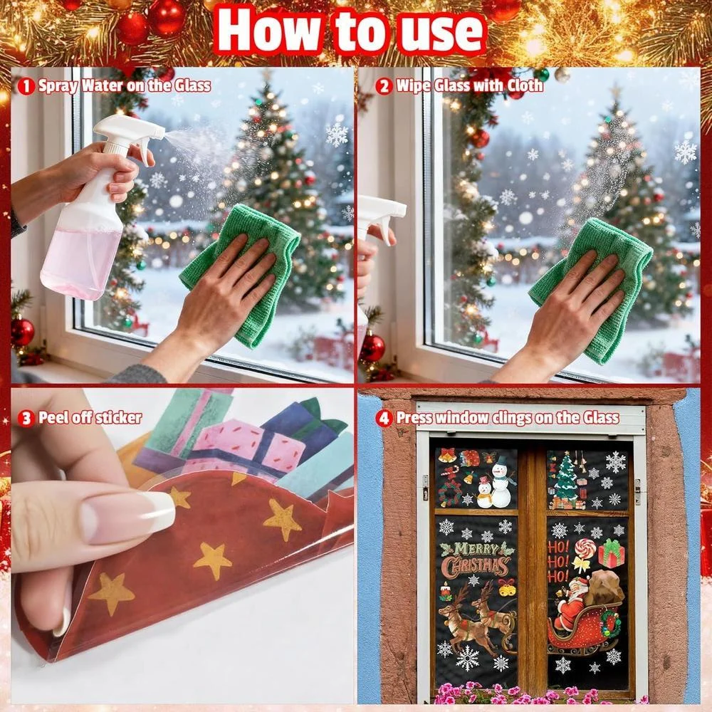 Calcomanías navideñas de copos y renos para ventanas, decoración interior y exterior, reutilizables y resistentes al agua