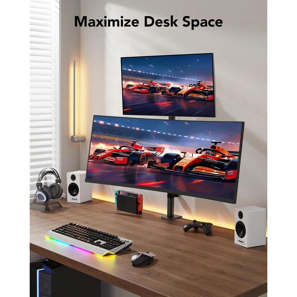 Soporte de monitor doble vertical HUANUO con ajuste de altura para dos monitores, brazo articulable y abrazadera C