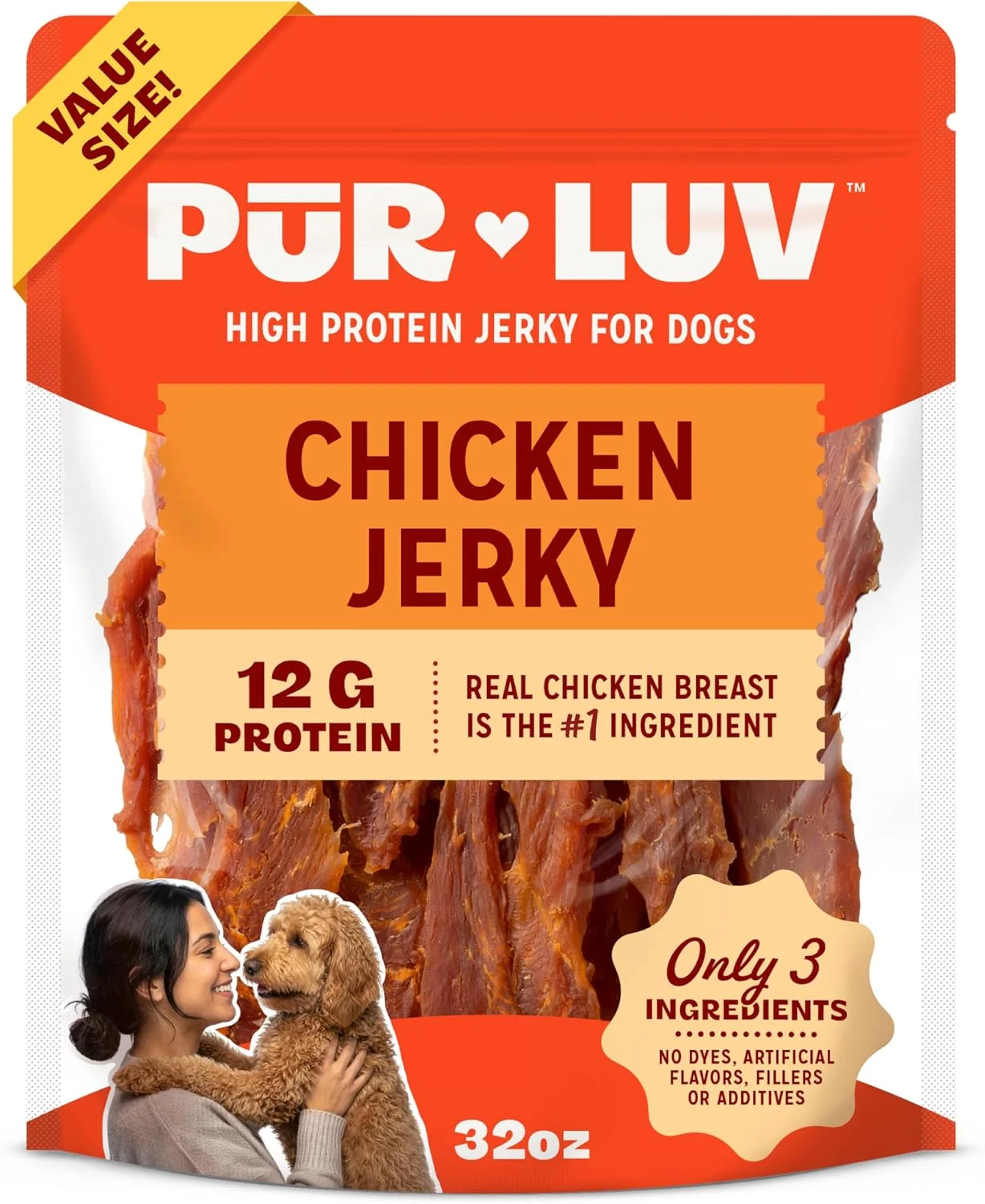 Snack Pur Luv Chicken Jerky para Perros, Pechuga de Pollo 100%, 32 oz