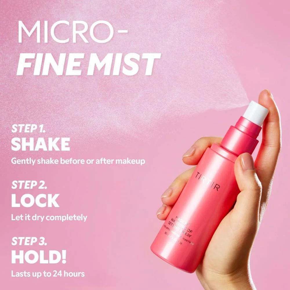 Spray Fijador TIRTIR con fijación de 24h, acabado semimate. Resistente al agua, sudor. Ideal para piel sensible. Libre de etanol. Aprobado clínicamente