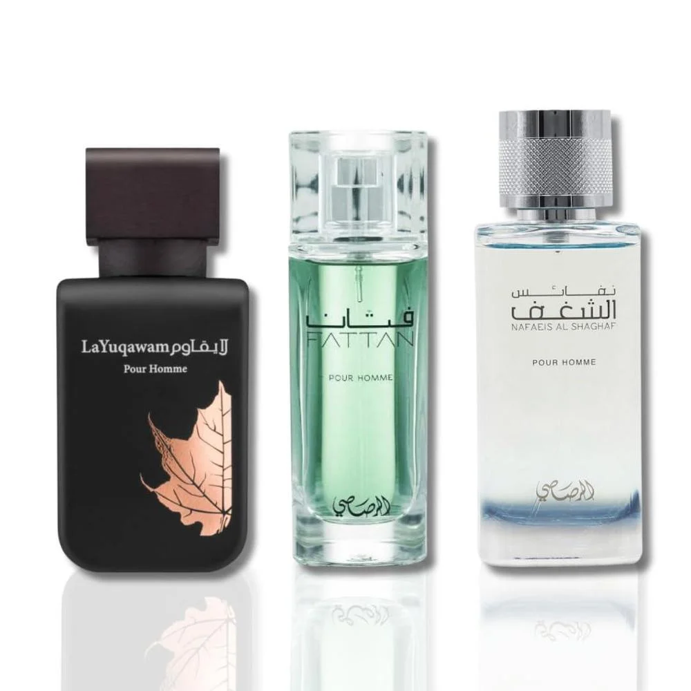 Set de Perfumes Rasasi para Mujer 3 Piezas (Nafaeis Al Shaghaf 3.4 oz + Yuqawam 2.5 oz + Fattan 1.7 oz)