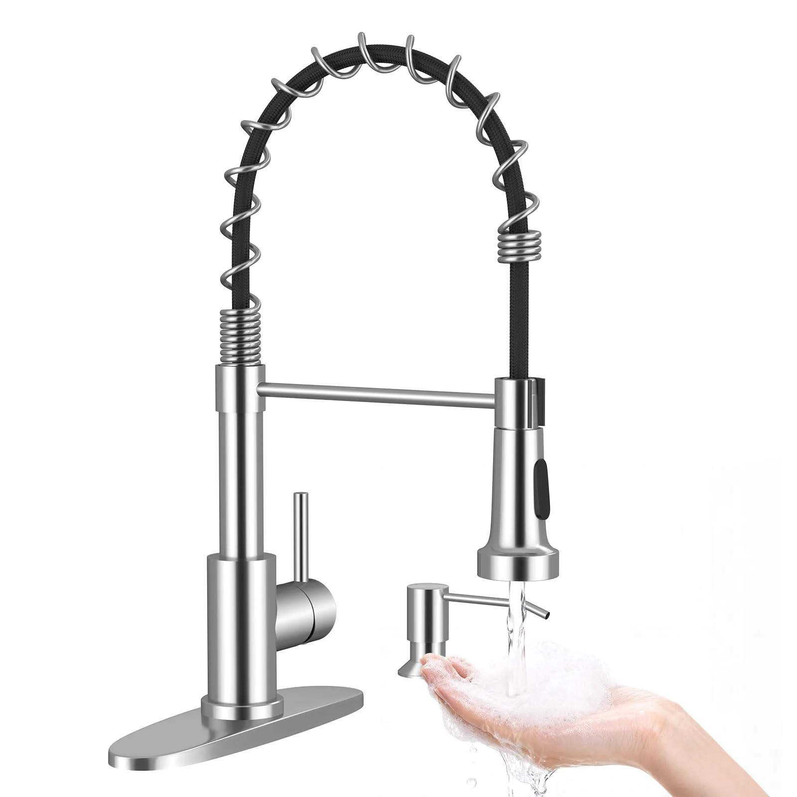 Arofa Chrome Kitchen Faucets with Soap Dispenser and Pull Down Sprayer