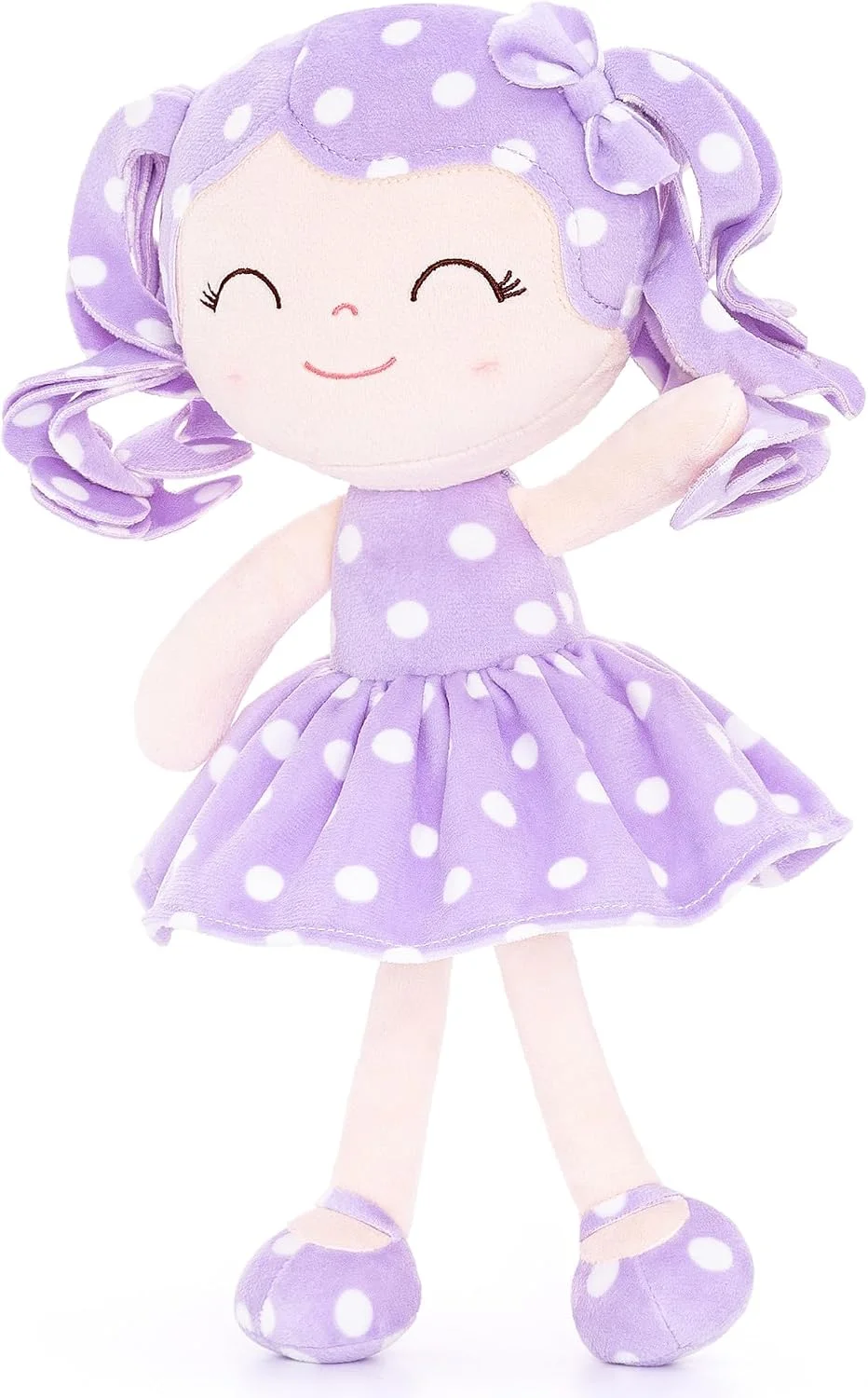 Gloveleya Baby Girl Doll – Custom Name Gift Plush Toy, Curly Hair Purple Polka Dot Dress Spring Girl, Birthday 12 Inches