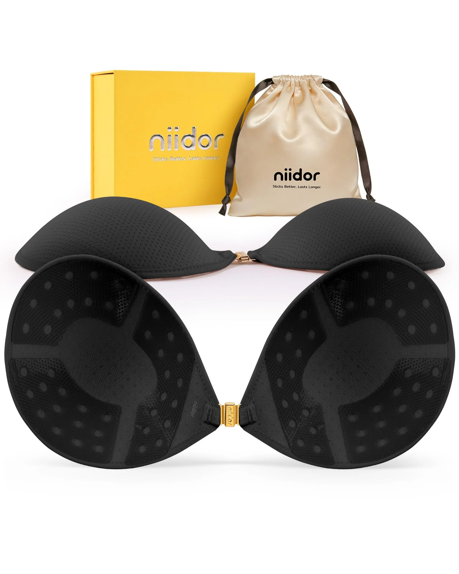 Niidor Womens Backless Strapless Bra Sticky Bra Push Up Reusable Magnetic Front Closure Adhesive Bra Breathable Sports Bras with Gift Box Black E Cup