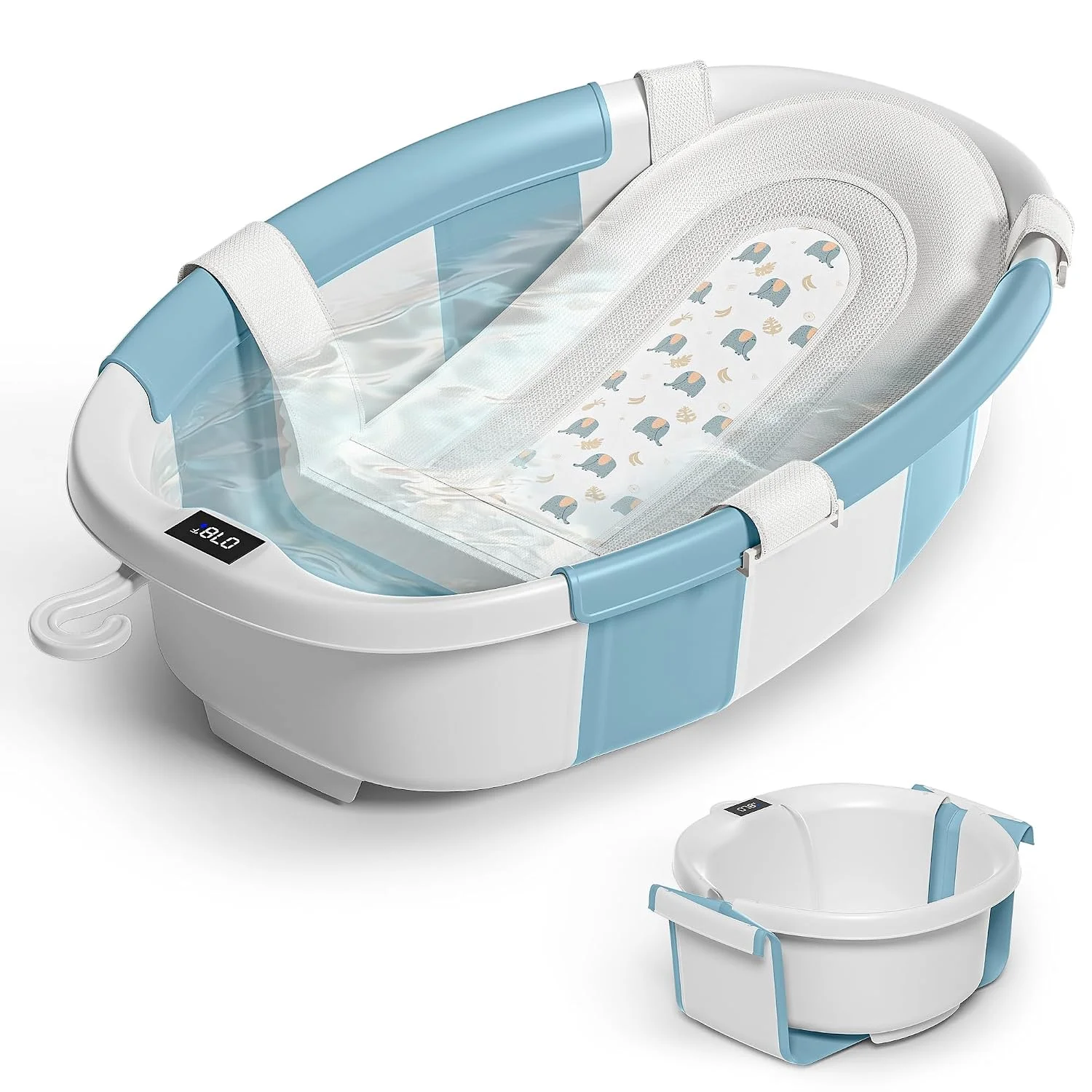 Himold Bañera Plegable Amplia para Bebé con Termómetro y Cojín Celeste