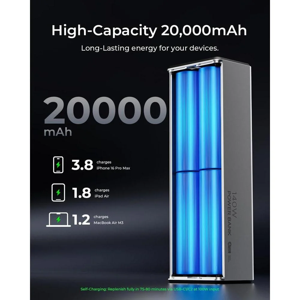 Banco de energía TALIX 140W con 20000mAh, cargador portátil PD 3.1, carga rápida, 3 puertos, pantalla digital para MacBook y más