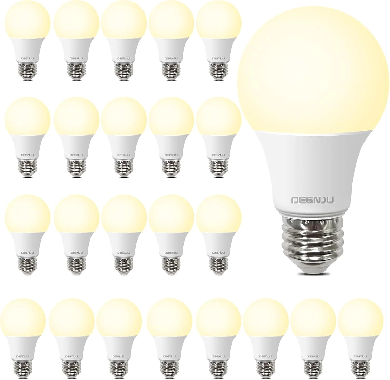 Ampolleta LED A19 DEGNJU 8W equivalente 60W luz blanca cálida 2700K paquete 24 unidades