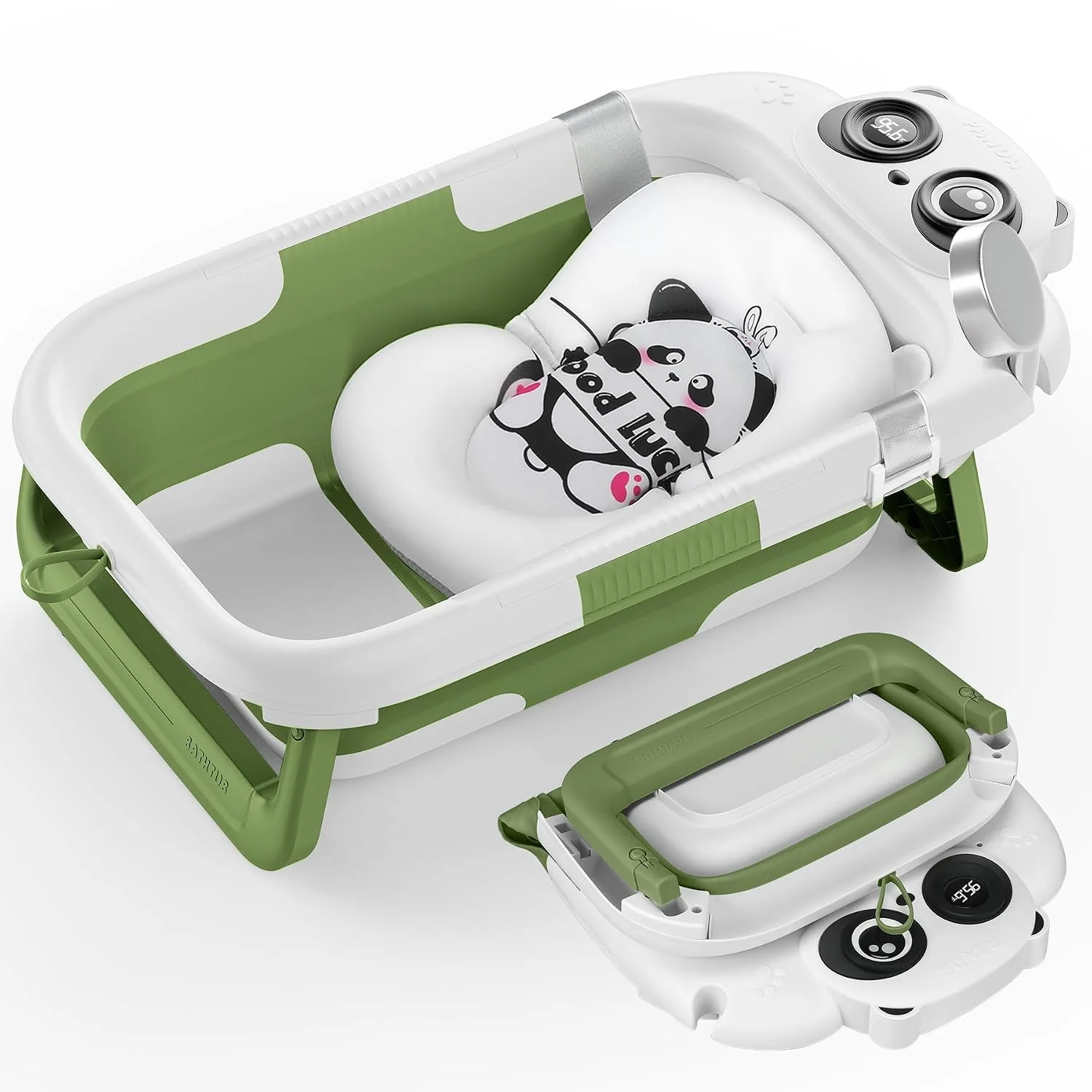 LAUJIA Bañera Plegable para Bebé Diseño Panda con Cojín Verde