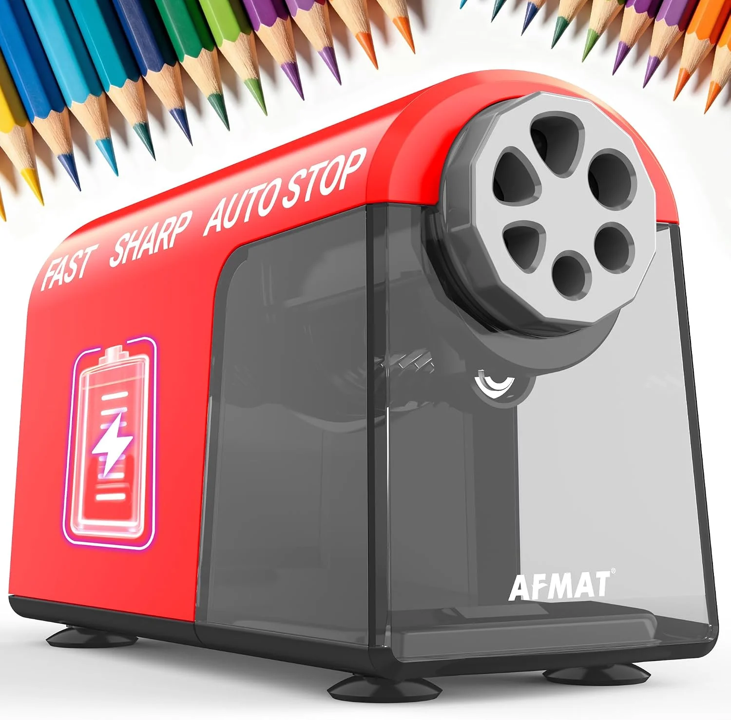AFMAT Electric Pencil Sharpener Heavy Duty, 6 Holes, Cordless & Rechargeable, Fast Sharpen, Auto Stop, 10K+ Uses, Classroom Pencil Sharpener for 6-11mm No.2/Large/Colored Pencils PSD2(Red)