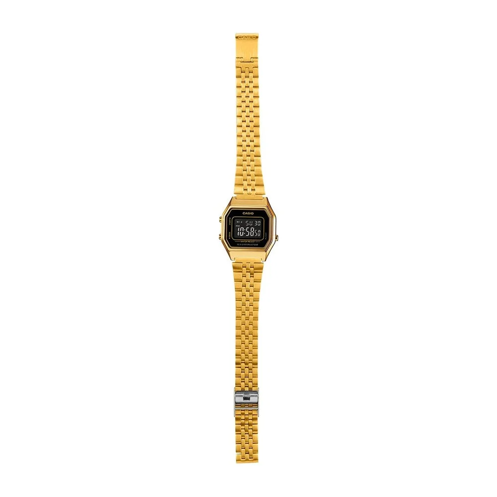 Reloj Casio para mujer modelo LA680WGA-1B, diseño dorado en metal con mecanismo de cuarzo, funciones de alarma y calendario