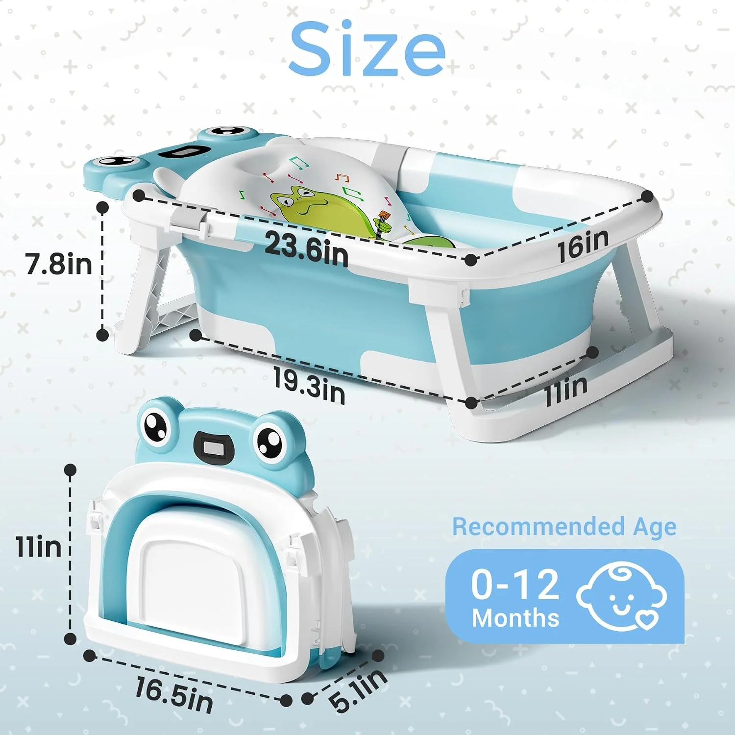 BUNWAG Bañera Plegable para Bebé con Termómetro y Cojín Azul