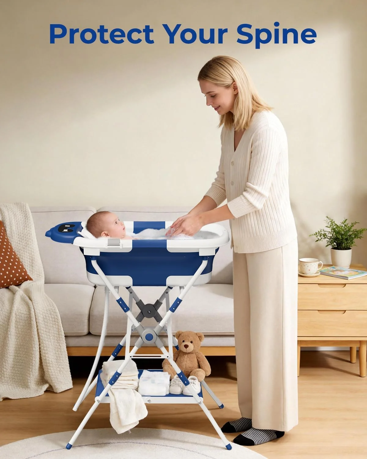 AVIDOR Bañera 2 en 1 con Soporte Plegable Diseño Dinosaurio Azul Marino