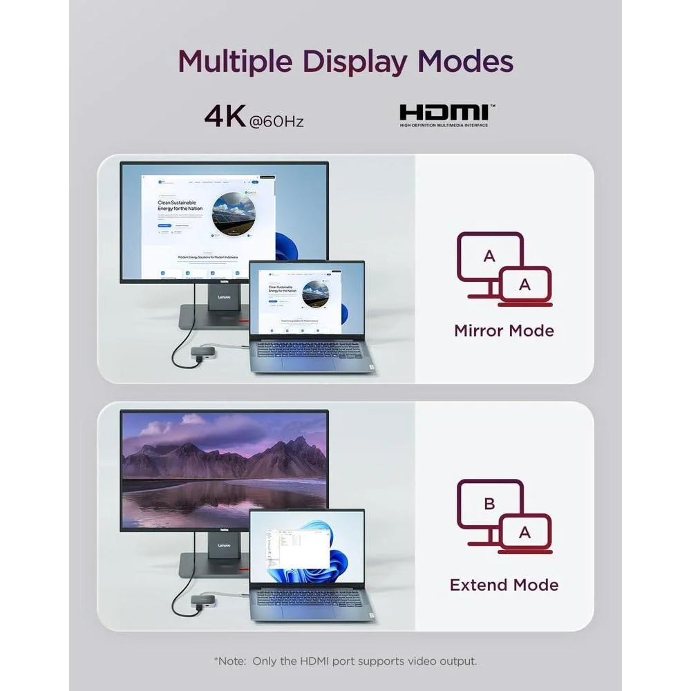 Lenovo Hub de viaje USB-C 5 en 1 con entrega de energía, HDMI 4K, puertos duales USB-C y USB-A, Plug and Play en gris plateado